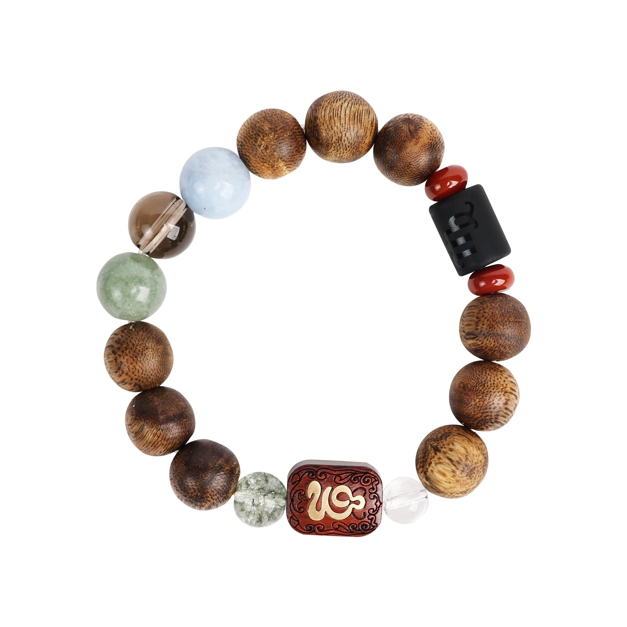 【Constellations Series】Male, Virgo,Agarwood，Aquamarine, crystal, jade, red agate,  Green Phantom Quartz， purple sandalwood inlaid with copper 12mm 502022