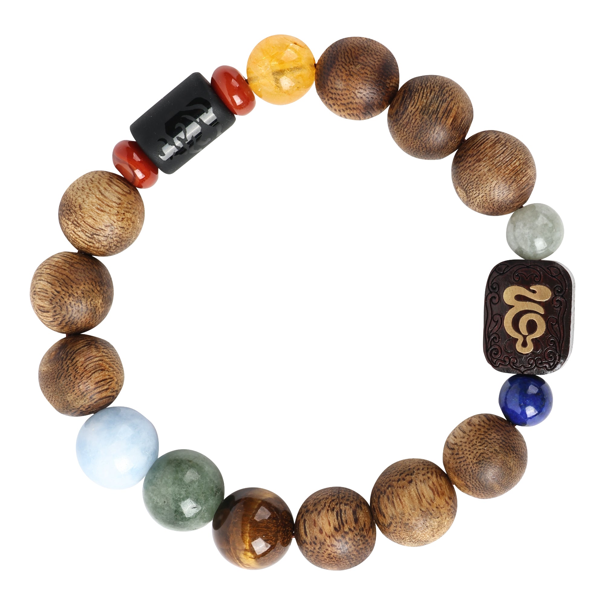 【Constellations Series】Male, Taurus,Agarwood，Aquamarine, jadeite, tiger's eye stone, red agate, yellow crystal, lapis lazuli, rosewood inlaid with copper 12mm 502010
