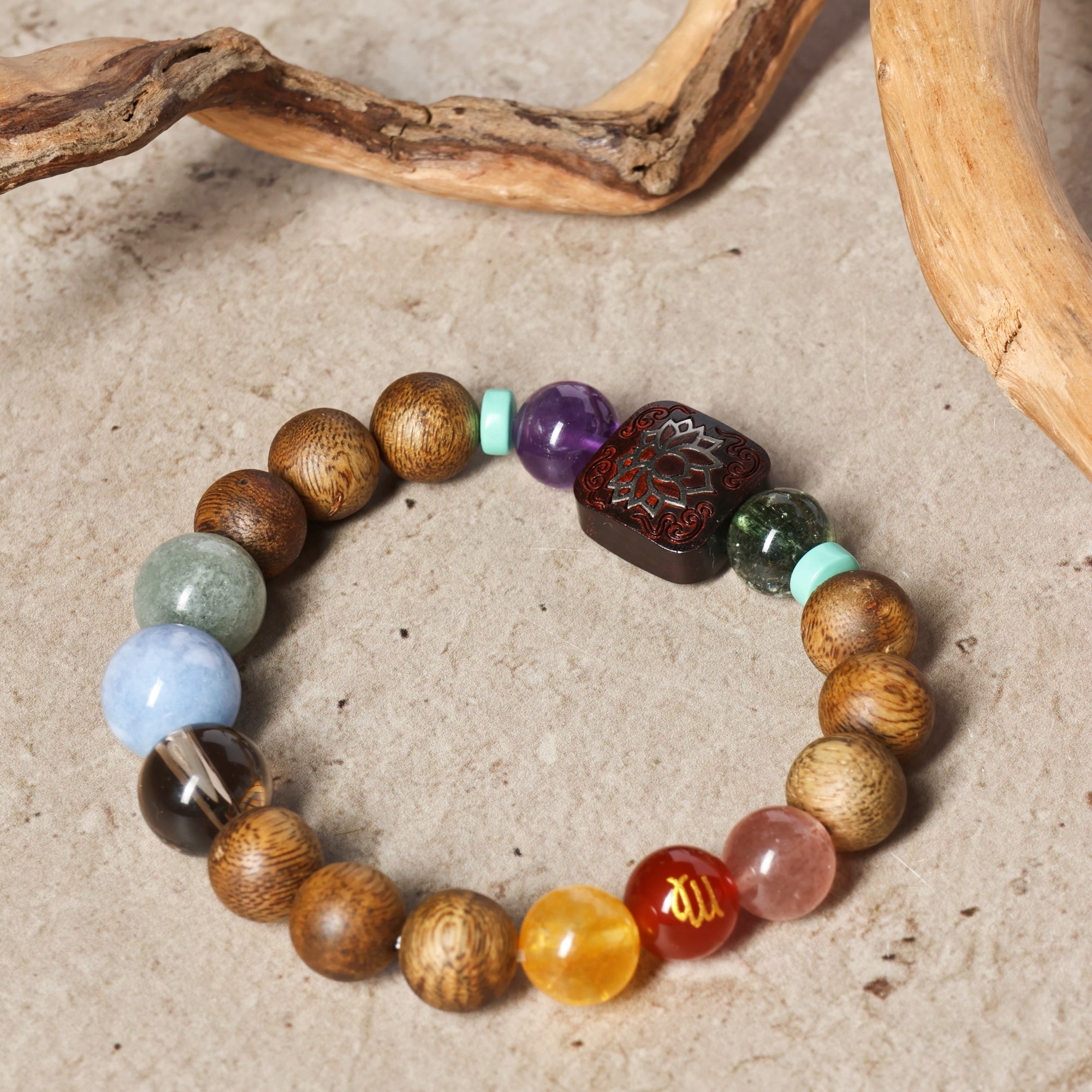 【Constellations Series】Female, Virgo,Agarwood，Crystal, aquamarine, jade, turquoise, green spirit, red agate, rosewood inlaid with silver 10mm 502023