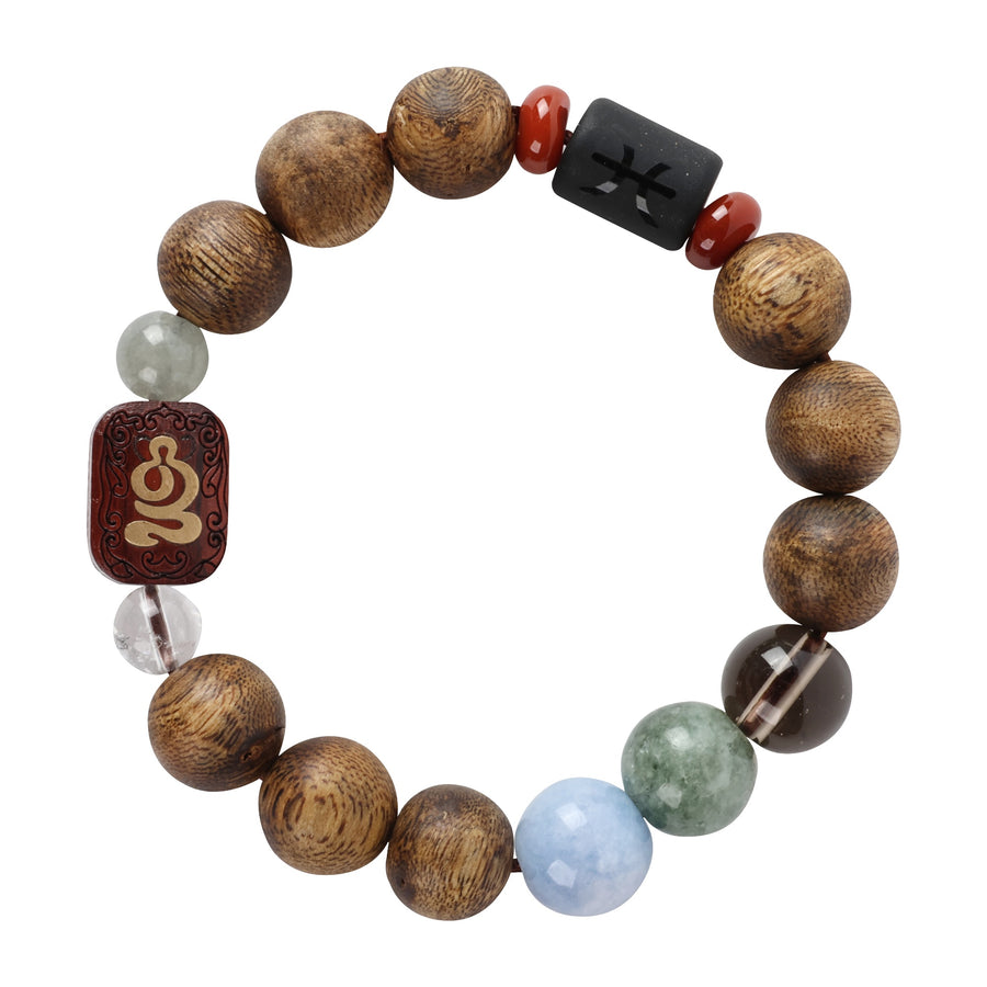 【Constellations Series】Male, Pisces,Agarwood  Aquamarine, white crystal, jade, Smokey Quartz, red agate, rosewood inlaid with copper 12mm 502004