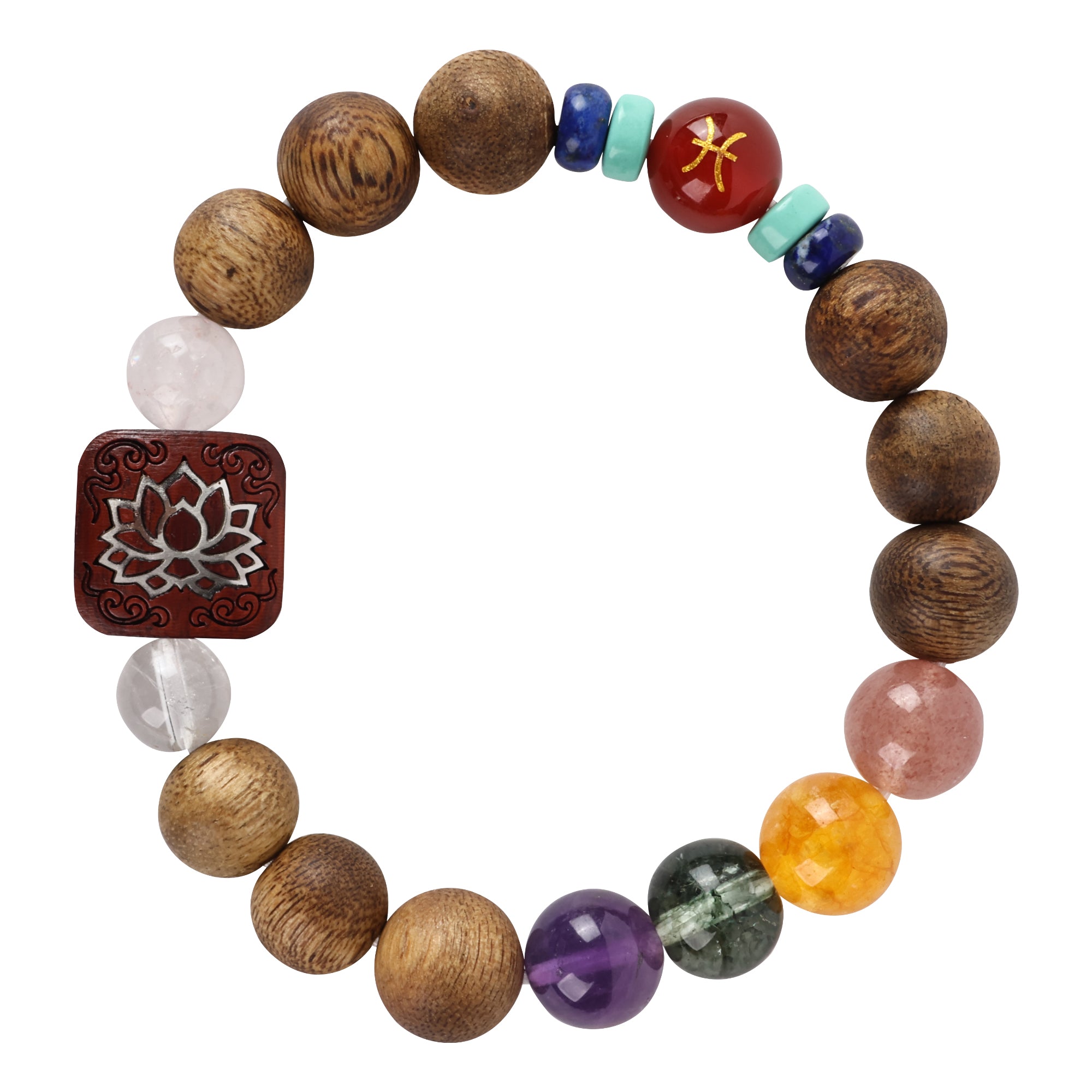 【Constellations Series】Female, Pisces,Agarwood Crystal, Green Phantom, Red Agate, Lapis Lazuli, Turquoise, Rosewood inlaid with silver 10mm 502005